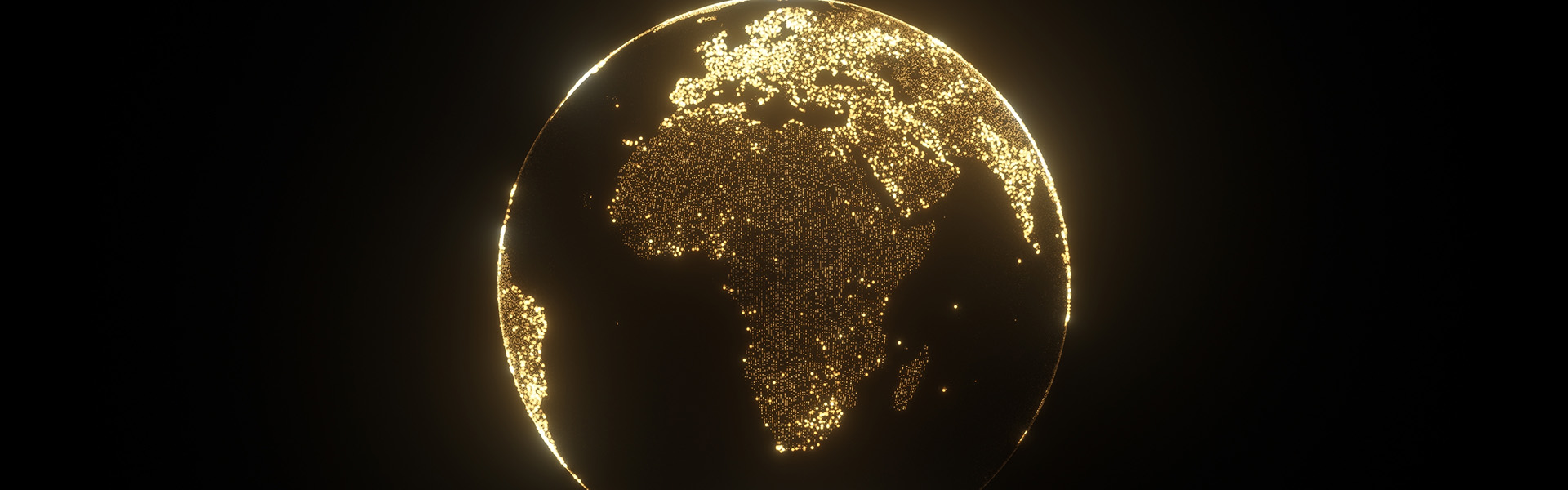 3D illustration of glowing golden globe of the Earth planet from particulars on dark background, Europe and Africa view. / shutterstock.com